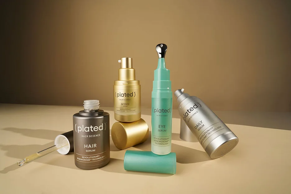 The (plated)® Skin Science serum lineup — HAIR, INTENSE, EYE, and DAILY