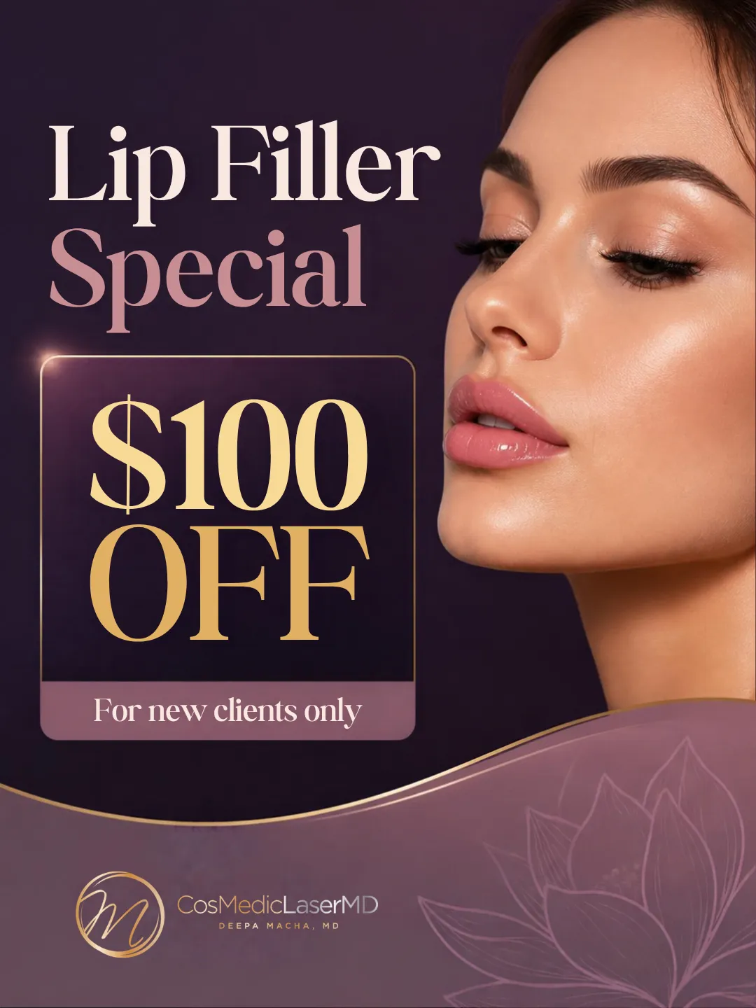 Lip Filler Special at CosMedic LaserMD — $100 off for new clients only.