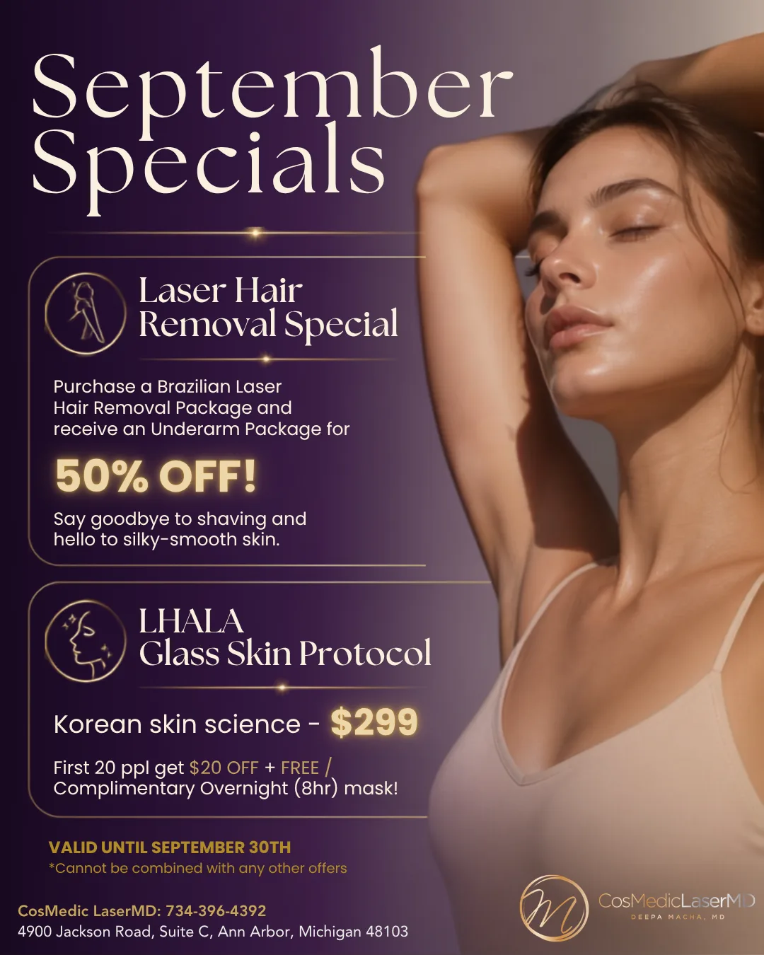 September Specials — Laser Hair Removal package with 50% off an underarm package, plus the LHALA Glass Skin Protocol for $299.